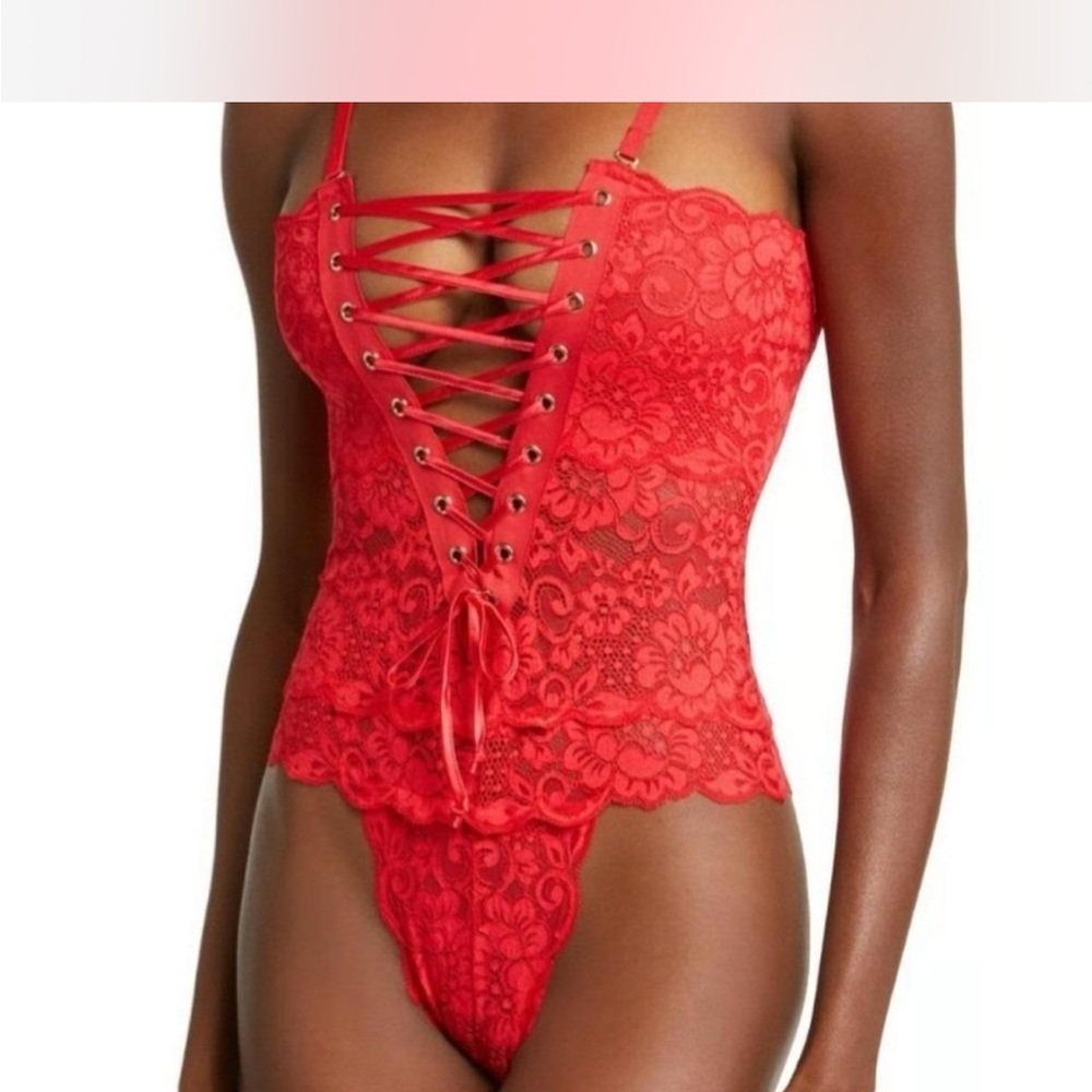 FREE PEOPLE intimately Red Lace Bodysuit with Lace-Up Front